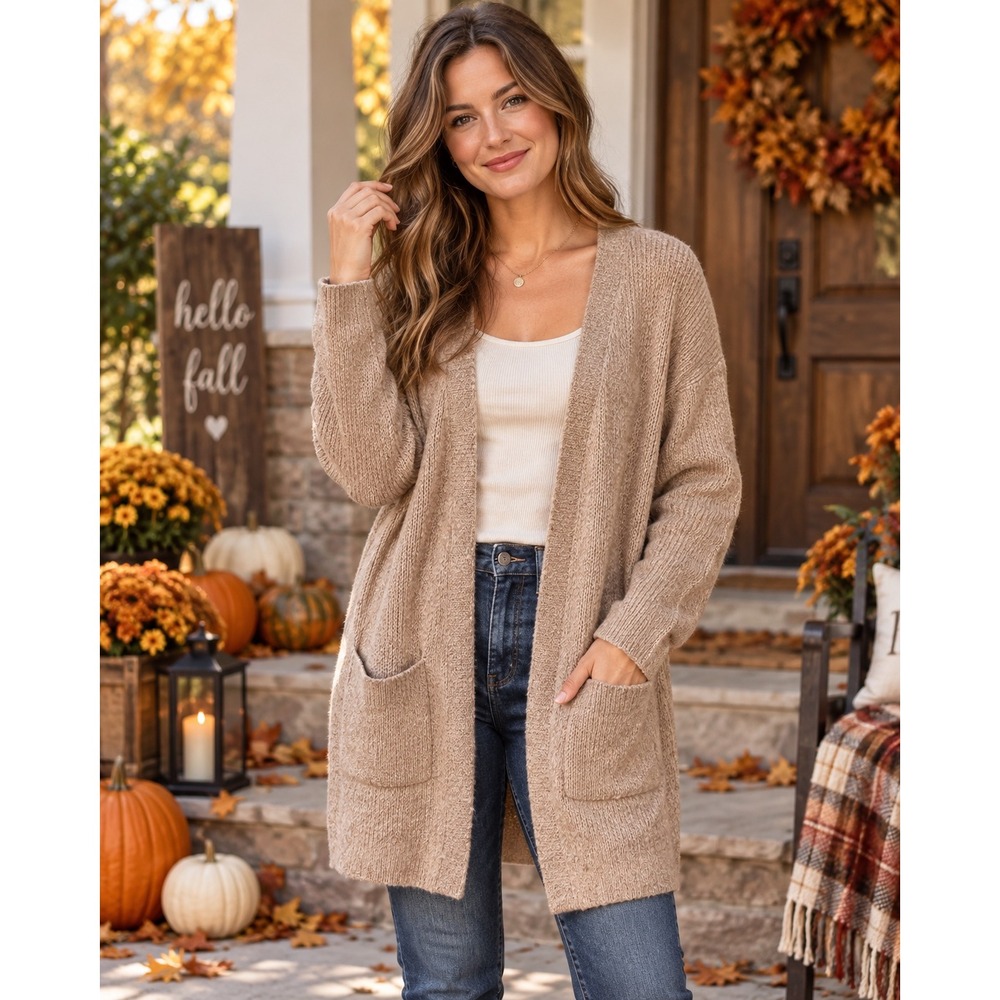 Time and Tru Women XXL Brown Cardigan Sweater Open Front Pocket Ribbed Knit Soft